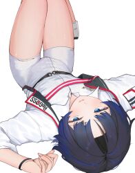 Rule 34 | 1girl, belt, blue eyes, blue hair, cropped jacket, dark blue hair, highres, hiodoshi ao, hololive, hololive dev is, jacket, knees up, long sleeves, looking at viewer, lying, official alternate costume, on back, shirt, short hair, shorts, simple background, solo, virtual youtuber, white background, white jacket, white shirt, white shorts, wristband, yubi pen