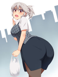 Rule 34 | 1girl, alternate costume, alternate hairstyle, ass, bad id, bad pixiv id, bag, bent over, black pantyhose, breasts, contemporary, female focus, gradient background, hayashi custom, highres, huge ass, izayoi sakuya, large breasts, looking at viewer, looking back, miniskirt, office lady, open mouth, pantyhose, pantylines, pencil skirt, ponytail, red eyes, shirt, shopping bag, side slit, silver hair, skirt, solo, touhou, vest