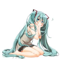 Rule 34 | 1girl, absurdly long hair, aqua hair, asagao minoru, bare arms, barefoot, blue eyes, fingernails, full body, hands on own face, hatsune miku, long hair, looking at viewer, nail polish, shirt, simple background, sitting, skirt, sleeveless, sleeveless shirt, solo, squiggle, two side up, very long hair, vocaloid, wariza, white background