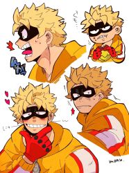 Rule 34 | 1boy, black mask, blonde hair, blush, boku no hero academia, eating, eating hair, eye mask, fat gum (boku no hero academia), food, gloves, grin, hand on own chin, heart, highres, holding, holding food, hood, hood down, hooded jacket, jacket, long sleeves, looking at viewer, male focus, monu, multiple views, open mouth, red gloves, short hair, simple background, smile, tongue, translation request, white background, yellow jacket, zipper pull tab