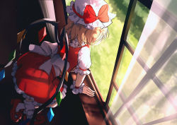Rule 34 | 1girl, arm support, blonde hair, bow, commentary, dise (psychoro), dress, flandre scarlet, full body, grass, hat, hat bow, highres, leaning, looking outside, mob cap, red bow, red dress, red footwear, see-through, short hair, socks, solo, standing, touhou, white bow, white curtains, white hat, white sleeves, white socks, white wrist cuffs, window, windowsill, wings, wrist cuffs