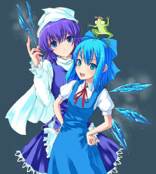 Rule 34 | 2girls, blue dress, blue eyes, blue hair, blue ribbon, cirno, dress, female focus, frog, hair ribbon, hands on own hips, letty whiterock, long hair, looking at viewer, multiple girls, open mouth, pleated dress, purple dress, purple hair, ribbon, smile, touhou, unasaka ryou