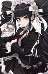 Rule 34 | 1girl, absurdres, black hair, black jacket, black nails, blunt bangs, bonnet, celestia ludenberg, center frills, claw ring, cup, danganronpa: trigger happy havoc, danganronpa (series), drill hair, earrings, frilled jacket, frills, gothic lolita, hand up, highres, holding, holding cup, jacket, jewelry, lace, lace-trimmed skirt, lace trim, layered skirt, lolita fashion, long hair, long sleeves, looking at viewer, meiji (meizi493), nail polish, necktie, open clothes, open jacket, pleated skirt, print necktie, red eyes, red necktie, shirt, simple background, skirt, smile, solo, twin drills, twintails, white background