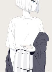 Rule 34 | 1girl, blue eyes, cellphone, closed mouth, clothes down, coat, greyscale, holding, holding phone, long sleeves, looking to the side, mee (sohin), monochrome, original, pants, phone, shirt, shirt tucked in, short hair, sohin, solo, spot color, standing, upper body