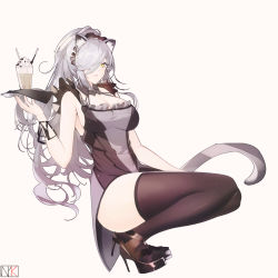 Rule 34 | 1girl, absurdres, animal ears, arknights, black collar, black dress, black footwear, black thighhighs, breasts, cat ears, cat girl, cat tail, cleavage, collar, dress, full body, hair over one eye, high heels, highres, holding, holding tray, large breasts, long hair, looking at viewer, nayuko (wuyou nayuko), parfait, ponytail, schwarz (arknights), simple background, sleeveless, sleeveless dress, solo, squatting, tail, thighhighs, thighs, tray, very long hair, white background, yellow eyes