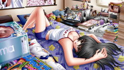 Rule 34 | 1girl, armpits, bare legs, bare shoulders, barefoot, bed, black hair, blonde hair, breasts, cleavage, clothes writing, comic, computer, denim, denim shorts, figure, highres, ilolamai, laptop, long hair, looking at viewer, lying, magazine (object), midriff, naruto, naruto (series), no bra, on back, open clothes, open mouth, open shorts, otaku, pillow, poster (object), queen&#039;s blade, shorts, solo, speaker, stuffed animal, stuffed toy, tank top, unbuttoned
