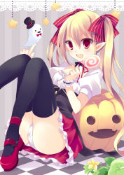 Rule 34 | 1girl, :d, blonde hair, bow, hair bow, hair ribbon, halloween, long hair, looking at viewer, mary janes, open mouth, original, panties, red eyes, ribbon, shoes, sitting, smile, solo, takase kanan, twintails, underwear