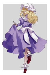 Rule 34 | 1girl, :d, blonde hair, dress, frills, from behind, full body, grey background, hair over one eye, hat, highres, long hair, long sleeves, looking at viewer, looking back, maribel hearn, miko (miko030751), mob cap, one-hour drawing challenge, open mouth, purple dress, shoes, simple background, smile, socks, solo, standing, standing on one leg, touhou, white socks, yellow eyes