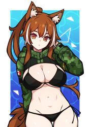 Rule 34 | 1girl, :o, absurdres, animal ear fluff, animal ears, arm up, armband, bacon strips, bikini, black bikini, breasts, brown eyes, brown hair, camouflage, canadian flag, commission, crop top, digital camouflage, dog ears, highres, large breasts, looking at viewer, multicolored hair, original, simple background, streaked hair, swimsuit, tail, yellow armband