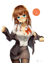 Rule 34 | 1girl, absurdres, aqua eyes, black pantyhose, breasts, brown hair, cleavage, food, glasses, highres, illian-san, long hair, long sleeves, looking at viewer, applying manicure, medium breasts, mouth hold, open clothes, open shirt, pantyhose, pencil skirt, pocky, pocky day, shirt, skirt, solo