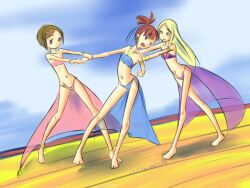 Rule 34 | 3girls, anklet, armband, bare legs, belly dancer, blonde hair, blue dress, blue eyes, bracelet, breasts, brown hair, cloud, cloudy sky, dancer, dancing, digimon, digimon adventure 02, digimon frontier, digimon tamers, drantyno, dress, flat chest, hair ornament, hairclip, jewelry, long hair, makino ruki, midriff, multiple girls, navel, necklace, open mouth, orimoto izumi, panties, pink dress, pink eyes, ponytail, pulling another&#039;s clothes, purple dress, purple eyes, pushing, red hair, see-through, short hair, sky, small breasts, smile, stomach, underwear, veil, yagami hikari
