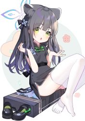Rule 34 | 1girl, absurdres, animal ear fluff, animal ears, black dress, black footwear, black hair, blue archive, blunt bangs, china dress, chinese clothes, dress, feet, green eyes, hands in hair, heizhouzi (nankyoko), highres, legs, long hair, mary janes, no shoes, open mouth, shoes, short sleeves, shun (blue archive), shun (small) (blue archive), sitting, solo, thighhighs, thighs, tiger ears, tiger girl, toes, unworn shoes, weapon case, white thighhighs