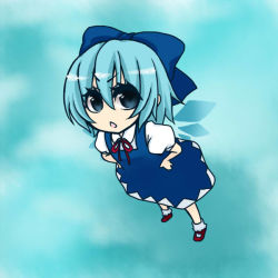 Rule 34 | 1girl, blue background, blue eyes, blue theme, bow, cirno, female focus, from above, full body, hair between eyes, shimizu kokeshi, socks, solo, standing, touhou, v-shaped eyebrows