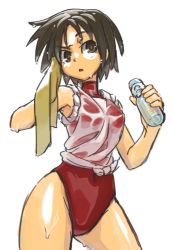 Rule 34 | 1990s (style), 1girl, brown eyes, brown hair, covered navel, fran (tukihashi), leotard, nakamura asako, open mouth, short hair, simple background, solo, ushio to tora, wet, wet clothes, white background