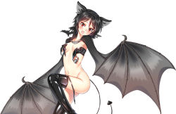 Rule 34 | 1girl, :o, animal ears, bat ears, bat girl, bat wings, belt, black hair, black thighhighs, blush, breasts, copyright name, copyright request, demon tail, lock, looking at viewer, midriff, navel, official art, open mouth, parted bangs, red eyes, short hair, simple background, small breasts, solo, standing, tail, tempy (rinsia), thighhighs, white background, wings