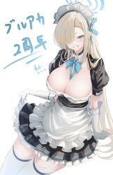 Rule 34 | 1girl, alternate costume, apron, asuna (blue archive), blue archive, blue bow, blue eyes, blue ribbon, blush, bow, breasts, cleavage, clothes lift, dress, elbow gloves, enmaided, frills, gloves, hair over one eye, highres, large breasts, lifted by self, long hair, looking at viewer, maid, maid apron, maid headdress, puffy short sleeves, puffy sleeves, ribbon, short sleeves, simple background, skirt hold, smile, solo, thighhighs, toki (yoyobozi), very long hair, waist apron, white apron, white background, white gloves