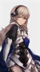 Rule 34 | 1girl, armor, armored dress, black bow, bow, cape, corrin (female) (fire emblem), corrin (fire emblem), dress, fire emblem, fire emblem fates, hair bow, hairband, highres, labombardier!, light brown hair, lips, lipstick, long hair, makeup, nintendo, pink lips, pointy ears, puffy short sleeves, puffy sleeves, red eyes, short sleeves, simple background, solo