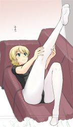 Rule 34 | ass, black leotard, blonde hair, blue eyes, blush, braid, breasts, cameltoe, couch, darjeeling (girls und panzer), feet, girls und panzer, holding leg, kneepits, leg up, legs, leotard, lying, on back, on couch, pantyhose, smile, solo, swept bangs, thighs, unfinished, uona telepin, white pantyhose