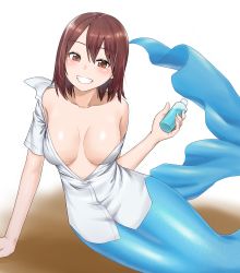 Rule 34 | 1girl, awono nanaumi, blush, breasts, brown background, brown eyes, brown hair, cleavage, clenched teeth, commentary request, commission, gradient background, hair between eyes, highres, large breasts, looking at viewer, medicine, medicine bottle, medium hair, mermaid, monster girl, original, partially unbuttoned, shiny skin, shirt, skeb commission, smile, solo, teeth, white background, white shirt