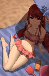 Rule 34 | 1girl, absurdres, barefoot, beach, feet, highres, light blush, long hair, looking at viewer, lotion, parasol, persona, persona 5, red eyes, red hair, smile, soles, sunscreen, toes, umbrella, x xith x, yoshizawa kasumi