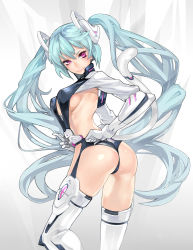 Rule 34 | 1girl, aqua hair, ass, breasts, gloves, hand on own hip, highres, hip focus, hitowa, long hair, looking back, mechanical parts, original, purple eyes, sideboob, solo, tail, thighhighs, twintails, very long hair