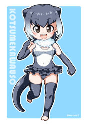 Rule 34 | 10s, 1girl, :d, animal ears, aqua background, bare shoulders, barefoot, blush, border, brown eyes, character name, chibi, clenched hands, collar, covered navel, crotch, elbow gloves, fingerless gloves, frilled swimsuit, frills, full body, fur collar, gloves, gradient hair, grey gloves, grey hair, grey one-piece swimsuit, grey thighhighs, hair between eyes, kemono friends, kurono, looking at viewer, multicolored hair, navel, no shoes, one-piece swimsuit, open mouth, otter ears, otter tail, outline, outside border, romaji text, rounded corners, running, short hair, small-clawed otter (kemono friends), smile, solo, swimsuit, tail, tareme, teeth, thighhighs, toeless legwear, toes, two-tone hair, white border, white hair, white outline