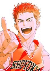 Rule 34 | 1boy, :d, absurdres, basketball jersey, bishounen, black eyes, earrings, hechu 237, highres, jewelry, looking at another, male focus, open mouth, pointing, red hair, red tank top, sakuragi hanamichi, sharp teeth, short hair, slam dunk (series), smile, solo, stud earrings, sweatdrop, tank top, teeth, toned, toned male, white background