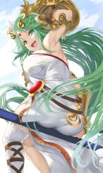 Rule 34 | 1girl, :d, ancient greek clothes, armlet, armpits, ass, chiton, dress, forehead jewel, from below, green eyes, green hair, highres, jewelry, kid icarus, laurel crown, long hair, looking at viewer, nintendo, open mouth, palutena, parted bangs, pendant, side slit, single thighhigh, sitting, smile, solo, strapless, strapless dress, super smash bros., thighhighs, thighs, tiara, vambraces, very long hair, white thighhighs, yappen