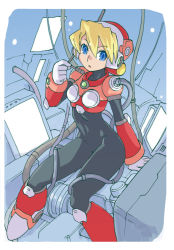 Rule 34 | 1girl, alia (mega man), android, arm support, blonde hair, blue eyes, bodystocking, bodysuit, breasts, capcom, headgear, looking at viewer, mega man (series), mega man x (series), open mouth, oyster (artist), sitting, solo, tagme, wire