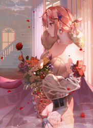 Rule 34 | 1girl, absurdres, bare shoulders, beige dress, bouquet, breasts, cape, chromatic aberration, cleavage, closed mouth, collarbone, commentary request, detached sleeves, dress, falling petals, flower, from side, hair bun, hair flower, hair ornament, highres, holding, holding bouquet, huge filesize, indoors, large breasts, looking away, original, petals, pink eyes, pink flower, pink hair, profile, purple cape, purple flower, red flower, signature, single hair bun, solo, stairs, strapless, strapless dress, usagi uma te mu, white flower