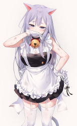 Rule 34 | 1girl, animal ears, apron, bare arms, bare shoulders, bell, black dress, breasts, bruise, cat ears, cat girl, cat tail, cleavage, cleavage cutout, clothing cutout, covering own mouth, dress, emyo, frilled apron, frills, garter straps, gloves, hand on own hip, highres, injury, jingle bell, large breasts, long hair, looking down, maid, maid apron, neck ribbon, original, purple hair, ribbon, simple background, sleeveless, sleeveless dress, solo, sweatdrop, tail, thighhighs, very long hair, white background, white gloves, white thighhighs, zettai ryouiki