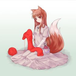 Rule 34 | 1girl, absurdres, animal ears, brown hair, dress, greatholo, highres, holo, long dress, long hair, red eyes, red yarn, scarf, sitting, smile, spice and wolf, tail, wariza, wolf ears, wolf tail, yarn, yarn ball