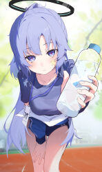 Rule 34 | 1girl, absurdres, blue archive, blush, bottle, breasts, buruma, gym uniform, halo, highres, holding, holding bottle, jacket, lanyard, leaning forward, long hair, looking at viewer, mechanical halo, medium breasts, outdoors, ponytail, purple eyes, purple hair, shenqi de (9), shirt, solo, sticker on face, sweat, water bottle, yuuka (blue archive), yuuka (track) (blue archive)