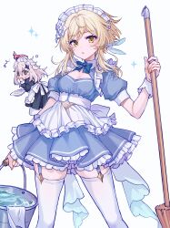 Rule 34 | 2girls, absurdres, apron, blonde hair, blue bow, blue bowtie, blue dress, bow, bowtie, breasts, broom, bucket, cleavage cutout, clothing cutout, commentary request, dress, from side, garter straps, genshin impact, halo, highres, holding, holding broom, holding bucket, holding plate, lumine (genshin impact), maid, maid apron, maid headdress, medium breasts, multiple girls, natsukko 0606, paimon (genshin impact), plate, puffy short sleeves, puffy sleeves, short hair with long locks, short sleeves, thighhighs, white hair, white thighhighs, yellow eyes