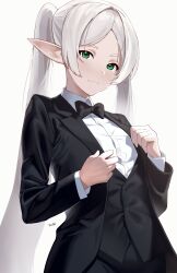 Rule 34 | 1girl, absurdres, artist name, black bow, black bowtie, black jacket, black pants, black vest, bow, bowtie, closed mouth, cowboy shot, dress shirt, formal, frieren, green eyes, grey background, grey hair, highres, jacket, long sleeves, looking at viewer, not forever2w, open clothes, open jacket, pants, parted bangs, pointy ears, shirt, simple background, solo, sousou no frieren, twintails, vest, white shirt