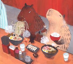 Rule 34 | 2others, animal, bottle, bowl, capybara, chopsticks, closed eyes, commentary, cup, dawning crow, dumpling, eating, english commentary, food, holding, holding chopsticks, indoors, jiaozi, multiple others, noodles, nori (seaweed), original, ramen, restaurant, rice, soy sauce