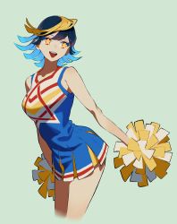 Rule 34 | 1girl, absurdres, black hair, blonde hair, blue dress, cheerleader, cropped legs, dress, highres, holding, holding pom poms, kokonotsunbai, looking at viewer, multicolored hair, open mouth, original, pom pom (cheerleading), pom poms, red eyes, simple background, sleeveless, sleeveless dress, smile, solo, standing, star-shaped pupils, star (symbol), streaked hair, symbol-shaped pupils, teeth, upper teeth only, yellow pupils