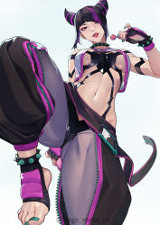 1girl absurdres baggy_pants black_hair bracelet breasts candy collar cropped_jacket fingerless_gloves food gloves green_eyes hair_horns han_juri heterochromia highres jewelry kagematsuri leg_up lollipop looking_at_viewer medium_breasts multicolored_hair panties_over_leggings pants pink_eyes pink_hair simple_background solo spiked_anklet spiked_bracelet spiked_collar spikes stirrup_footwear streaked_hair street_fighter street_fighter_6 tongue tongue_out white_background