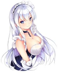 Rule 34 | 1girl, azur lane, belfast (azur lane), blue eyes, blush, braid, breasts, chain, cleavage, closed mouth, collar, collarbone, commentary request, french braid, gloves, highres, jacknavy, large breasts, long hair, looking at viewer, maid, maid headdress, silver hair, smile, solo, upper body