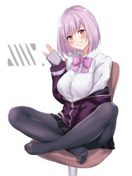 Rule 34 | 10s, 1girl, :d, absurdres, black pantyhose, black skirt, blush, bow, bowtie, breasts, chair, collared shirt, commentary request, copyright name, dress shirt, feet, gridman universe, grin, hand up, head tilt, highres, jacket, long sleeves, looking at viewer, medium breasts, meri-san, miniskirt, no shoes, off shoulder, open clothes, open jacket, open mouth, pantyhose, partially unzipped, pink eyes, purple bow, purple bowtie, purple hair, purple jacket, shinjou akane, shirt, short hair, simple background, sitting, skirt, sleeves past wrists, smile, solo, ssss.gridman, teeth, toes, white background, wing collar, zipper pull tab