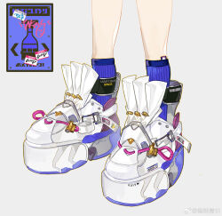 Rule 34 | 1other, ambiguous gender, ankle socks, belt, chinese commentary, commentary request, feet, foot focus, grey background, highres, logo, nintendo, out of frame, purple socks, shoe belt, shoes, simple background, sneakers, socks, soda bottle, solo, splatoon (series), watermark, weibo logo, weibo watermark, white belt, white footwear, yize qingri