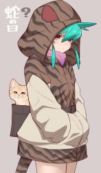 Rule 34 | 1girl, absurdres, aqua hair, blush, cat, cowboy shot, grey background, hands in pockets, highres, hood, hoodie, kemono friends, looking at viewer, notora, sand cat, sand cat (kemono friends), simple background, tail, translation request, tsuchinoko (kemono friends), whiskers