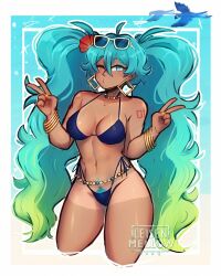 1girl artist_name bikini bird blue_bikini blue_bird blue_eyes blue_hair blue_pubic_hair bracelet brazilian_miku double_v earrings female_pubic_hair gold_bracelet hatsune_miku highres jewelry leisen_mellow long_hair nail_polish number_tattoo one_eye_closed outline pubic_hair pubic_hair_peek star_(symbol) sunglasses swimsuit tan tanline tattoo twintails v vocaloid white-framed_eyewear white_outline yellow_nails