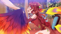 Rule 34 | 1girl, artist request, bare shoulders, bird legs, bird tail, blue eyes, blush, braid, breasts, chair, dress, fang, feather hair ornament, feathered wings, feathers, fiery wings, game cg, gradient eyes, green eyes, hair ornament, harpy, holding hands, long hair, monster girl, monster musume no iru nichijou, monster musume no iru nichijou online, multicolored eyes, multicolored wings, multiple tails, nan que (monster musume), official art, open mouth, red dress, red hair, side braid, side slit, sitting, sleeveless, sleeveless dress, small breasts, solo focus, sweatdrop, tail, two tails, window, winged arms, wings