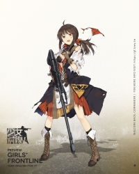 Rule 34 | 1girl, anti-materiel rifle, bird, black dress, bolt-action rifle, bolt action, boots, bra, breasts, brown footwear, brown gloves, bullpup, buttons, character name, dress, falcon (girls&#039; frontline), full body, girls&#039; frontline, gloves, gun, hair between eyes, hair ornament, headband, highres, medium hair, muzzle device, official art, red headband, ribbon, rifle, shirt, small breasts, sniper rifle, solo, torn clothes, underwear, weapon, white shirt, zvi falcon