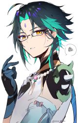 Rule 34 | 1boy, absurdres, aqua hair, azna, bead necklace, beads, bespectacled, black hair, blush, facial mark, forehead mark, genshin impact, glasses, gloves, highres, jewelry, looking at viewer, male focus, necklace, parted lips, simple background, solo, spoken squiggle, squiggle, sweat, twitter username, upper body, white background, xiao (genshin impact), yellow eyes
