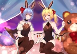Rule 34 | 2girls, :d, alternate costume, animal ears, arm support, bare shoulders, bat wings, black legwear, black leotard, blonde hair, blue hair, blurry, blurry background, blush, bokeh, breasts, commentary request, covered navel, crystal, depth of field, eyebrows hidden by hair, fake animal ears, fangs, flandre scarlet, hair between eyes, hair ribbon, halftone, hand up, highres, leotard, looking at viewer, majime joe, multiple girls, no headwear, one side up, open mouth, pointy ears, rabbit ears, rainbow, red eyes, red ribbon, remilia scarlet, ribbon, short hair, siblings, sisters, sitting, small breasts, smile, strapless, strapless leotard, thighhighs, touhou, wing collar, wings, wrist cuffs, yokozuwari