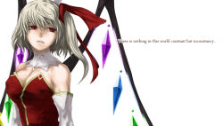 Rule 34 | 1girl, aged up, alternate costume, bare shoulders, blonde hair, breasts, cleavage, detached collar, dress, elbow gloves, embodiment of scarlet devil, english text, fang, female focus, flandre scarlet, gloves, hat, muchakushoku, parted lips, red dress, red eyes, red ribbon, ribbon, side ponytail, simple background, solo, text focus, touhou, white background, white gloves, wings