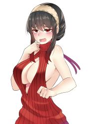 Rule 34 | 1girl, absurdres, bare shoulders, black hair, blush, breasts, cleavage, cleavage cutout, clenched hand, clothing cutout, embarrassed, furrowed brow, hairband, hand up, highres, kuroeart, large breasts, long hair, meme attire, open mouth, raised eyebrows, red eyes, red sweater, short hair with long locks, sideboob, simple background, solo, spy x family, sweater, turtleneck, turtleneck sweater, upper body, virgin killer sweater, wavy mouth, white background, yor briar