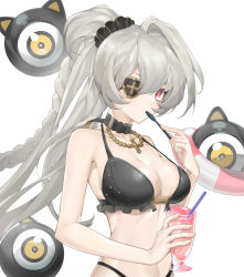 Rule 34 | 1girl, :3, absurdres, alchemy stars, bare shoulders, bead necklace, beads, bikini, black bikini, braid, breasts, choker, cleavage, cup, drinking straw, eicy (alchemy stars), eicy (onyx iris) (alchemy stars), eyeball, eyepatch, grey hair, hair ornament, hair scrunchie, halterneck, highleg, highleg bikini, highres, holding, holding cup, holding spoon, innertube, jewelry, long hair, looking at viewer, medium breasts, necklace, red eyes, scrunchie, solo, spoon, suiccao, swim ring, swimsuit, upper body, white background